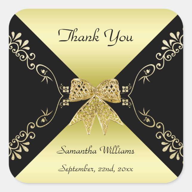 Stylish Gold & Black Decorative Bow Thank You Square Sticker (Front)