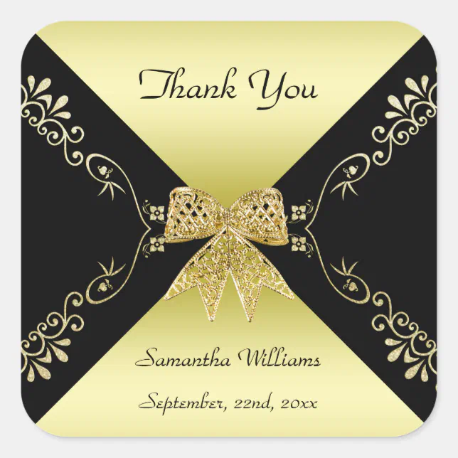 Stylish Gold & Black Decorative Bow Thank You Square Sticker | Zazzle