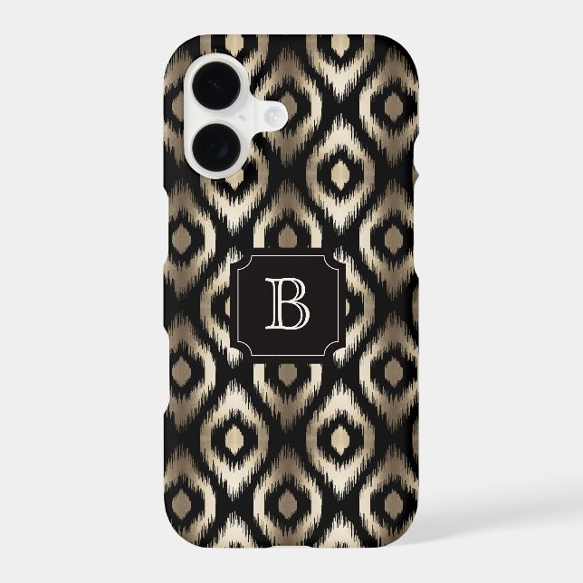 Stylish Gold & Black Diamond Ikat Pattern Monogram iPhone Case (Back)