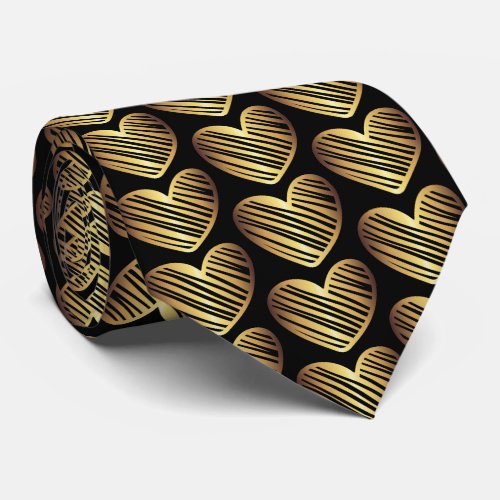 Stylish Gold Black Hearts Pattern Foil Valentines Neck Tie