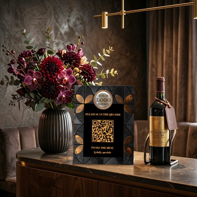 Stylish Gold Black Logo QR Code Business Pedestal Sign (Stylish gold black business tabletop sign template - restaurant - coffee shop - company)