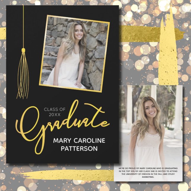 Stylish Gold Black Photo Graduation Announcement