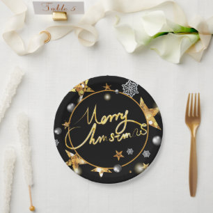 Stylish Gold & Black Stars Metallic Fashion Xmas Paper Plates