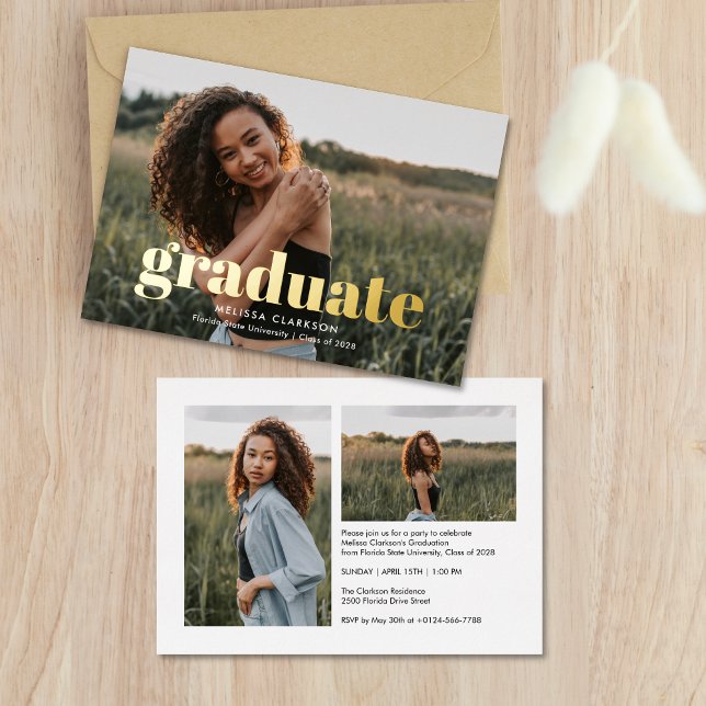 Stylish Gold Bold Typography 3 Photo Graduation Foil Invitation (Creator Uploaded)