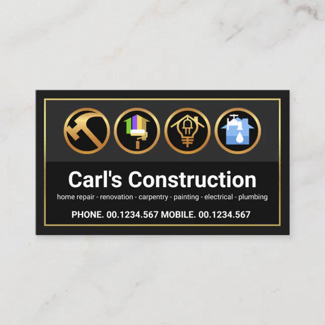 Stylish Gold Border Frame Grey Layers Construction Business Card | Zazzle