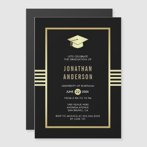 Stylish Gold Border & Grad Cap | Graduation Party Magnetic Invitation ...