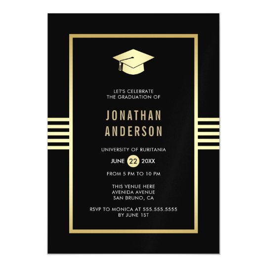 Stylish Gold Border & Grad Cap | Graduation Party Magnetic Invitation ...