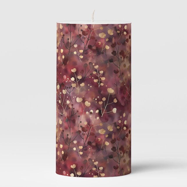 Stylish gold burgundy abstract floral pattern pillar candle (Front)