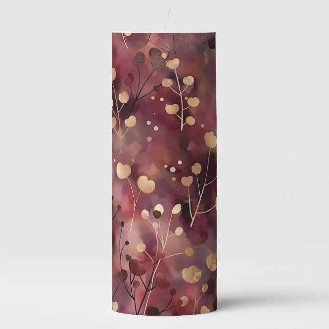 Stylish gold burgundy abstract floral pattern pillar candle (Front)
