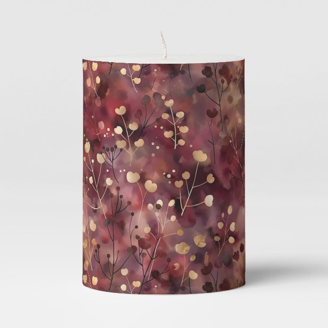 Stylish gold burgundy abstract floral pattern pillar candle (Front)