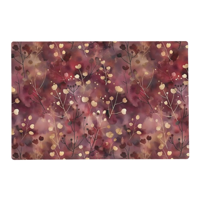 Stylish gold burgundy abstract floral pattern placemat (Front)