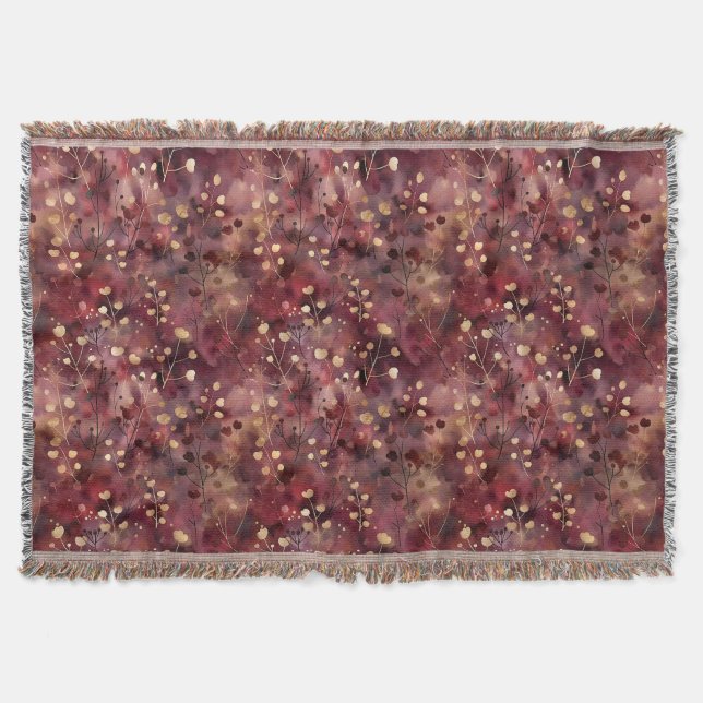 Stylish gold burgundy abstract floral pattern throw blanket (Front)