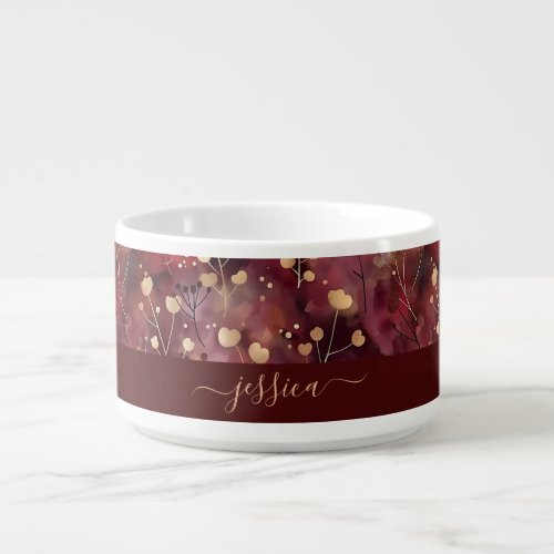 Stylish gold burgundy abstract floral script name bowl