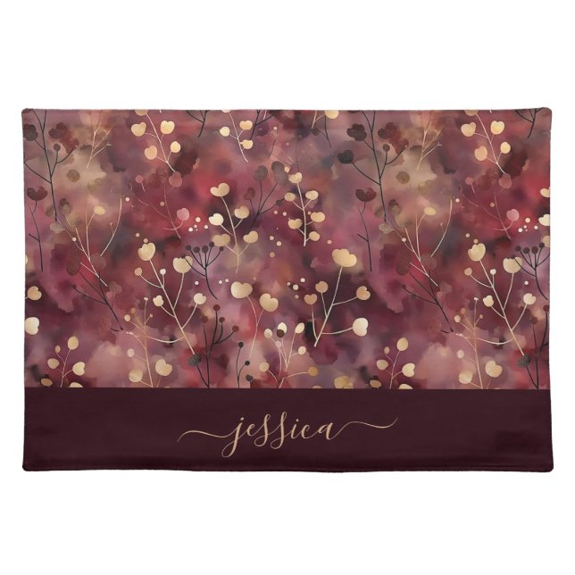 Stylish gold burgundy abstract floral script name cloth placemat (Front)