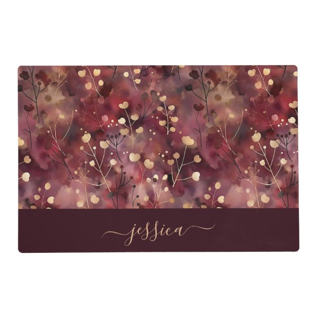 Stylish gold burgundy abstract floral script name placemat (Front)
