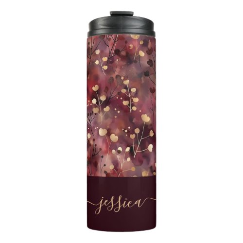 Stylish gold burgundy abstract floral script name thermal tumbler