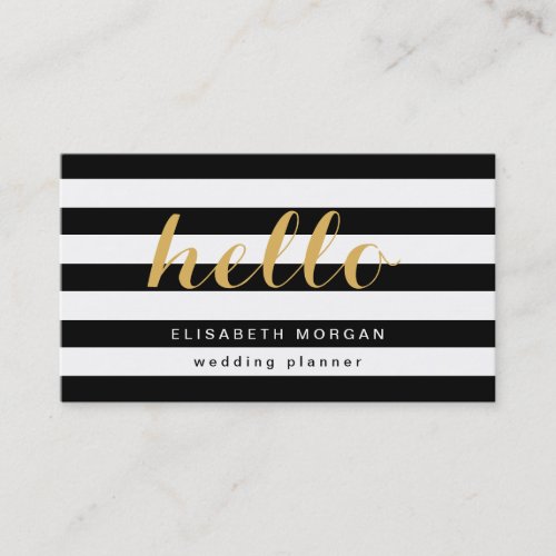 Stylish Gold Calligraphy Hello Black White Stripes Double-Sided Standard Business Cards (Pack Of 100)