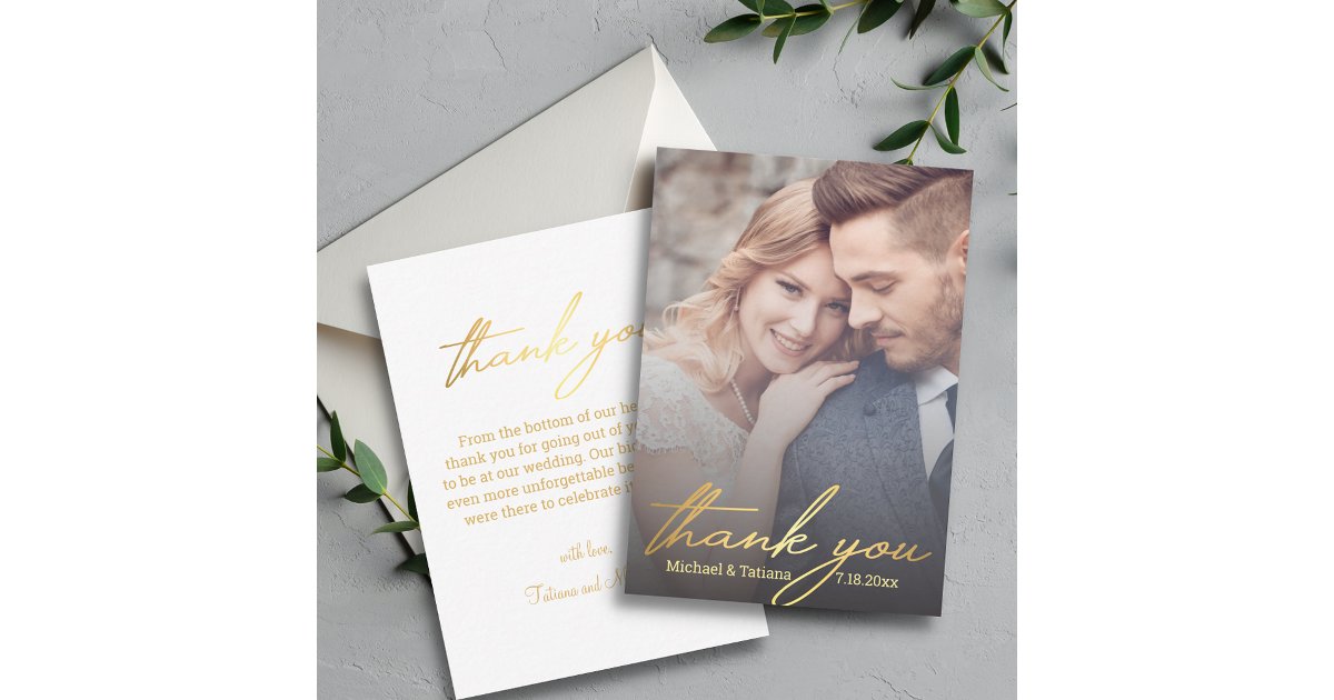 stylish gold calligraphy wedding photo thank you note card | Zazzle