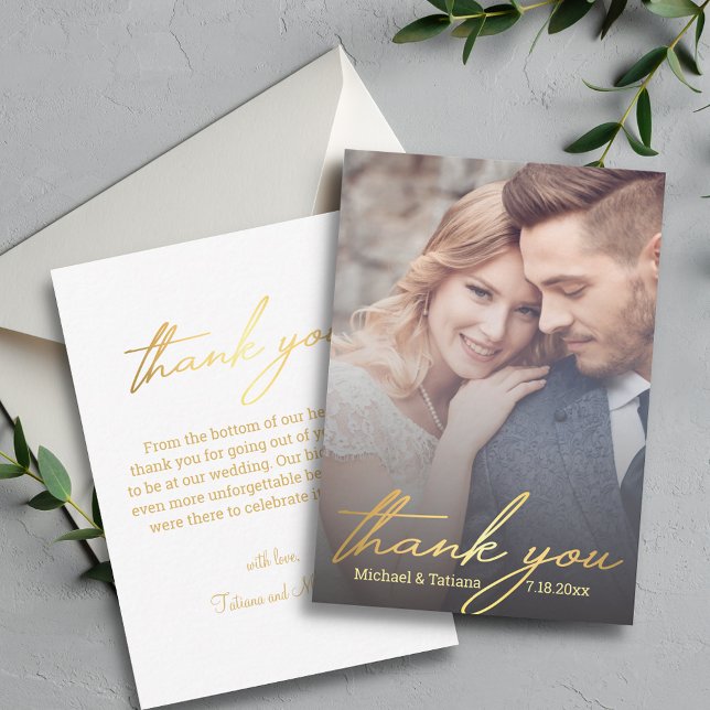 stylish gold calligraphy wedding photo thank you   note card (Creator Uploaded)