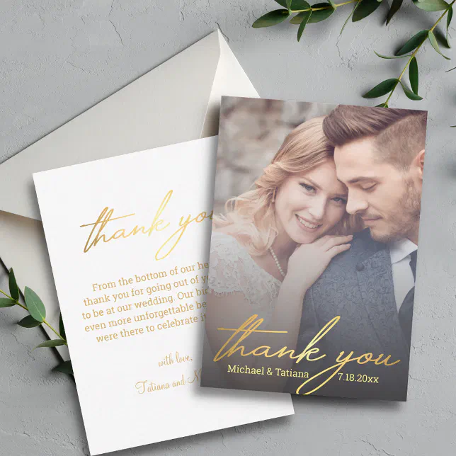 stylish gold calligraphy wedding photo thank you note card | Zazzle