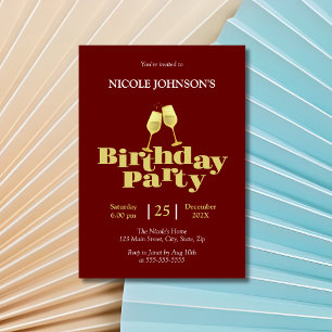 Stylish Gold Champagne Burgundy Birthday Party Invitation