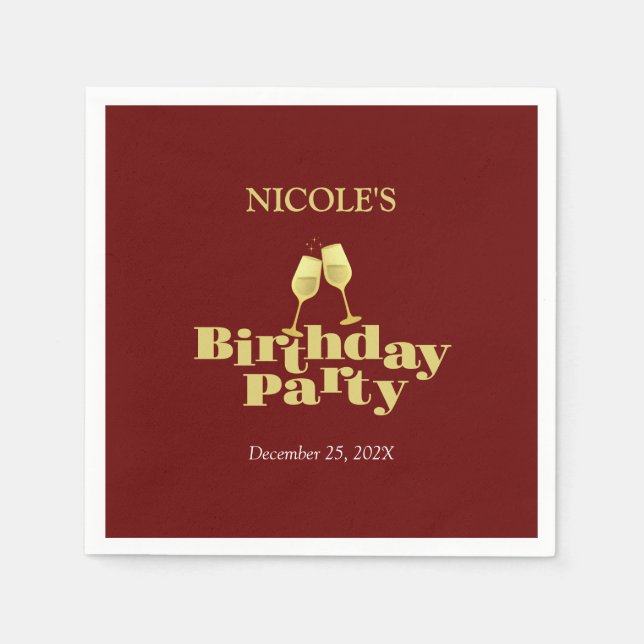 Stylish Gold Champagne Burgundy Birthday Party Napkins (Front)