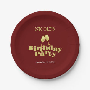 Stylish Gold Champagne Burgundy Birthday Party Paper Plates