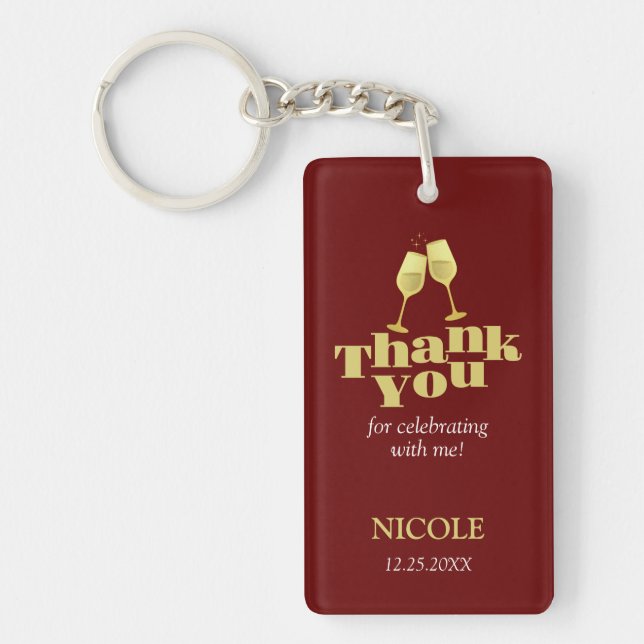 Stylish Gold Champagne Burgundy Birthday Thank You Keychain (Front)