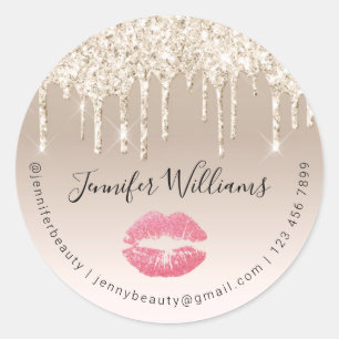 stylish gold champagne dripping glitters red lips classic round sticker
