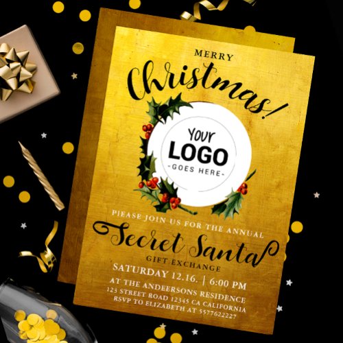 Stylish Gold Christmas Secret Santa Company Logo Invitation
