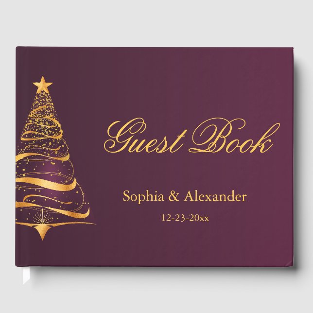 Stylish Gold Christmas Tree Minimalistic Wedding Guest Book (Front)