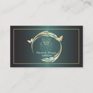 Stylish Gold Circles Frame Butterflies Dark Green Business Card