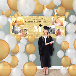 Stylish Gold & Classic Monogram 6 Photo Grad Party Banner
