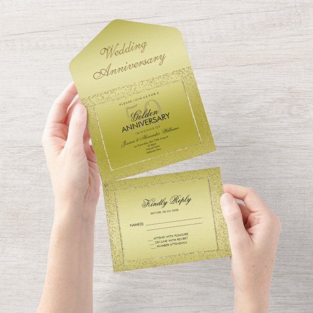 Stylish Gold Confetti 50th Golden Wedding All In One Invitation (Tearaway)