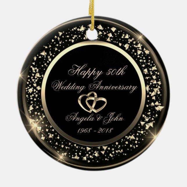 Stylish Gold Confetti 50th Wedding Anniversary Ceramic Ornament (Back)