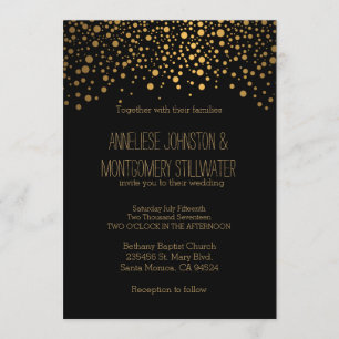 Stylish Gold Confetti Dots   Black Invitation