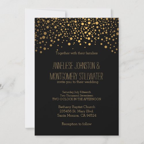 Stylish Gold Confetti Dots  Black Invitation
