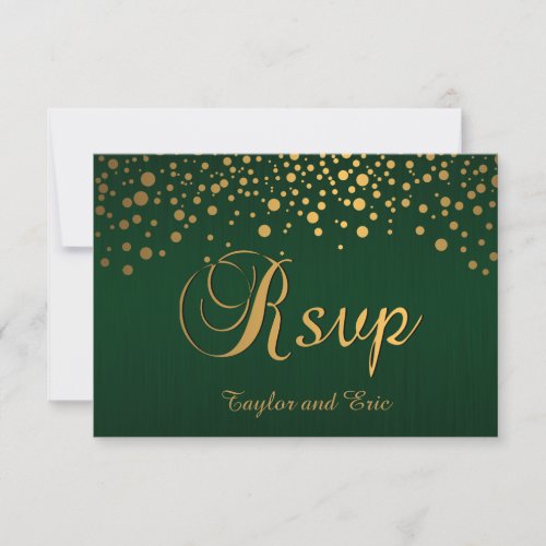 Stylish Gold Confetti Dots  Dark Green RSVP Card