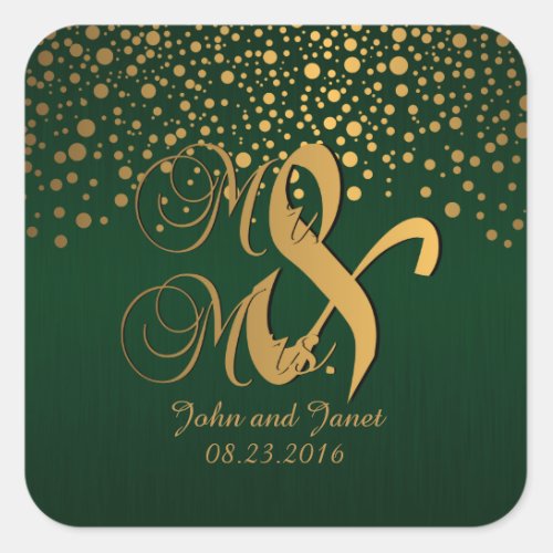 Stylish Gold Confetti Dots  Dark Green Square Sticker