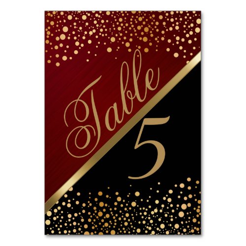 Stylish Gold Confetti Dots  Deep Dark Red Black Table Number