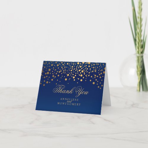 Stylish Gold Confetti Dots  Navy Blue Thank You Card