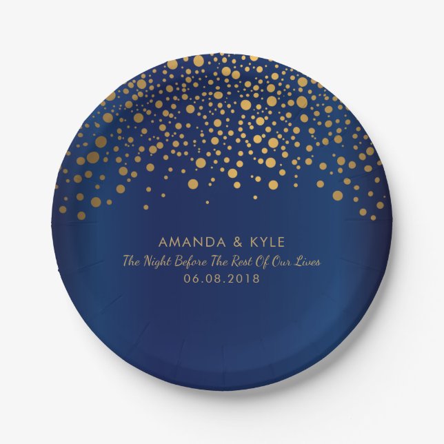 Stylish Gold Confetti Dots on Navy Blue Design Paper Plates (Front)
