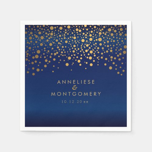 Stylish Gold Confetti Dots on Navy Blue Satin Paper Napkins