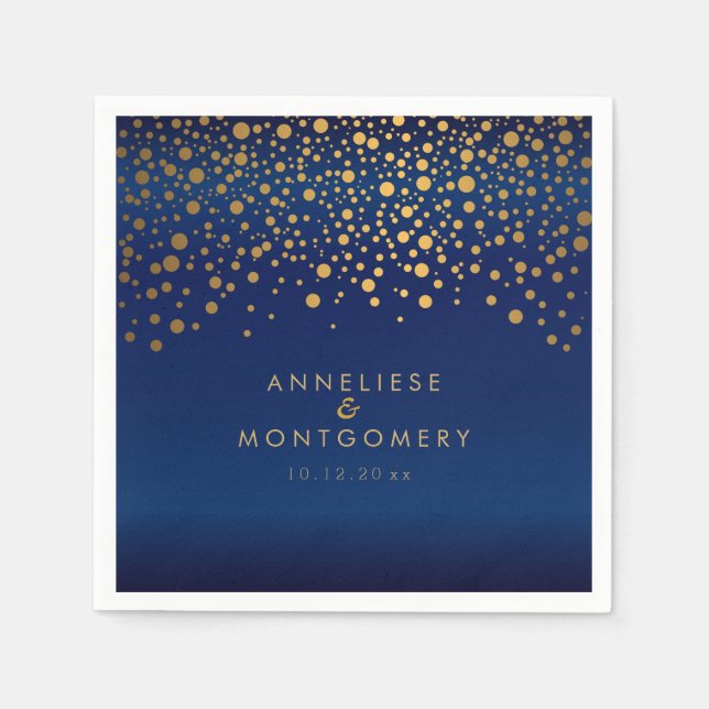 Stylish Gold Confetti Dots on Navy Blue Satin Paper Napkins (Front)