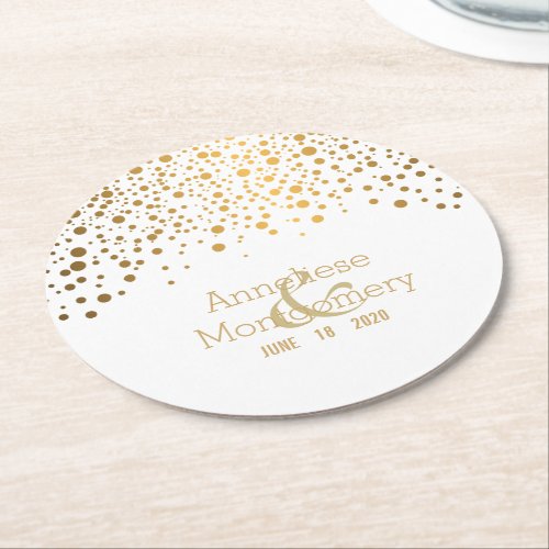 Stylish Gold Confetti Dots on White Round Paper Coaster