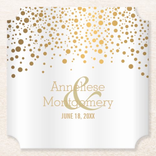 Stylish Gold Confetti Dots on White Satin Paper Coaster