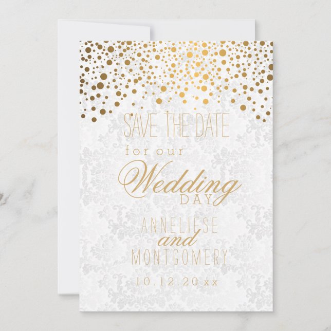 Stylish Gold Confetti Dots | White Texture Save The Date (Front)