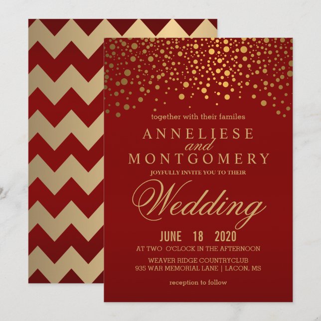 Stylish Gold Confetti Maroon Wedding Invitation (Front/Back)