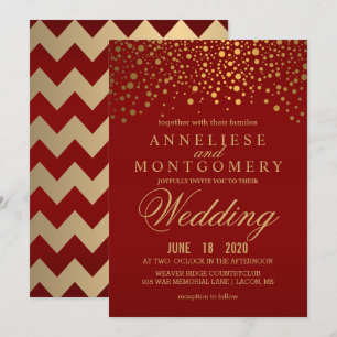 Stylish Gold Confetti Maroon Wedding Invitation