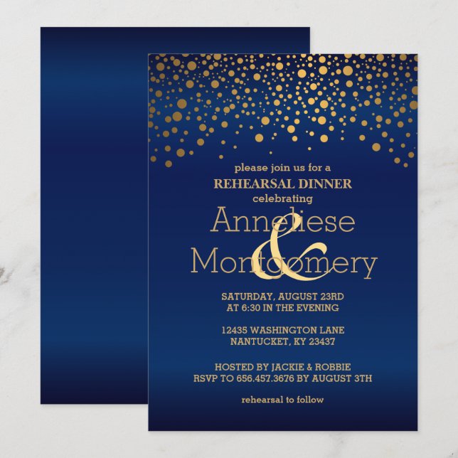 Stylish Gold Confetti & Navy Blue Rehearsal Dinner Invitation (Front/Back)